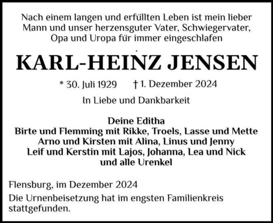 Traueranzeige von Karl-Heinz Jensen von Flensburger Tageblatt