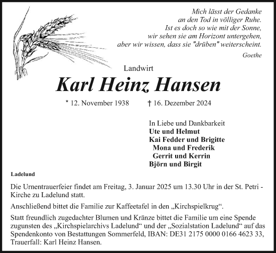 Traueranzeige von Karl Heinz Hansen von Husumer Nachrichten, Nordfriesland Tageblatt