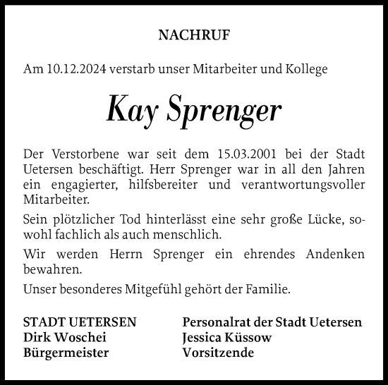 Traueranzeige von Kay Sprenger von Uetersener Nachrichten, Der tip am Wochenende