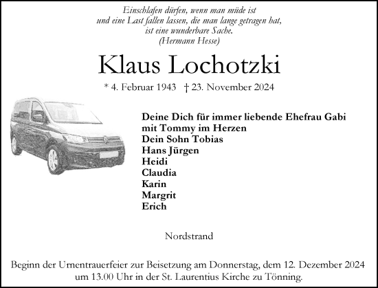 Traueranzeige von Klaus Lochotzki von Husumer Nachrichten, Nordfriesland Tageblatt