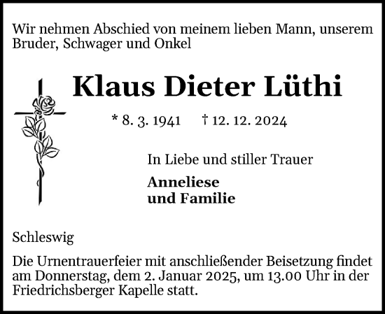 Traueranzeige von Klaus Dieter Lüthi von Schleswiger Nachrichten, Schlei-Bote