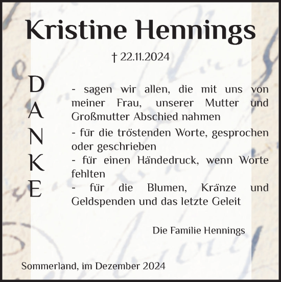 Traueranzeige von Kristine Hennings von Region Steinburg-Elmshorn