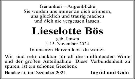 Traueranzeige von Lieselotte Bös von Flensburger Tageblatt