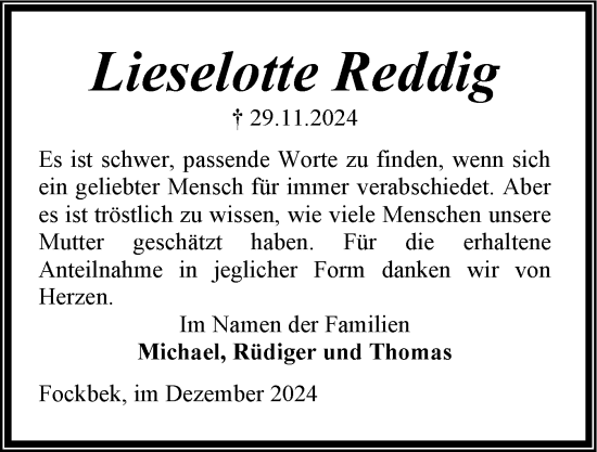 Traueranzeige von Lieselotte Reddig von Schleswig-Holsteinische Landeszeitung