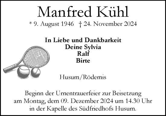 Traueranzeige von Manfred Kühl von Husumer Nachrichten, Nordfriesland Tageblatt