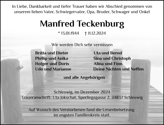 Traueranzeige von Manfred Teckenburg von Schleswiger Nachrichten, Schlei-Bote