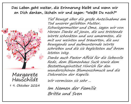 Traueranzeige von Margarete Hauschildt von Uetersener Nachrichten, Der tip am Wochenende