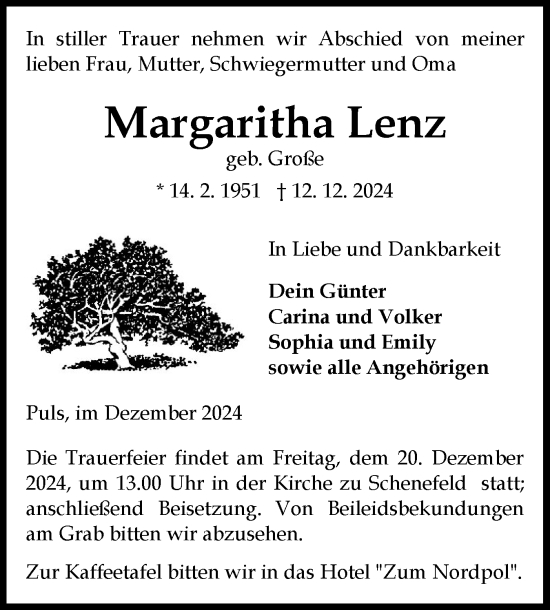 Traueranzeige von Margaritha Lenz von Norddeutsche Rundschau, Wilstersche Zeitung, Glückstädter Fortuna