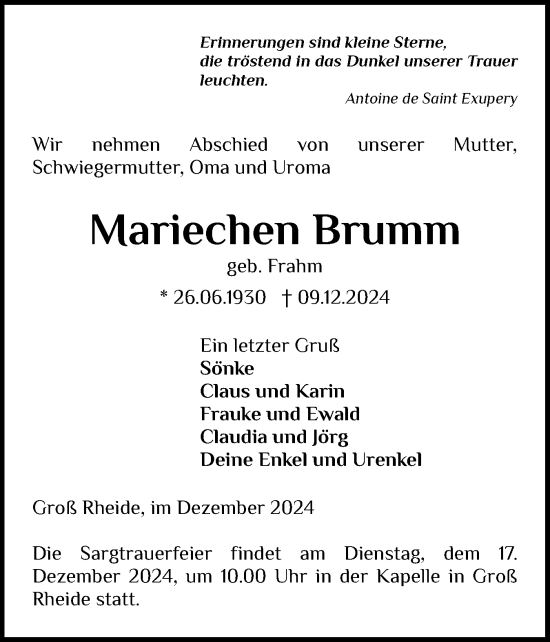 Traueranzeige von Mariechen Brumm von Schleswiger Nachrichten, Schlei-Bote