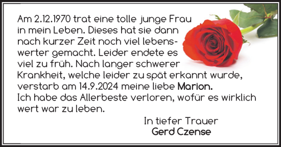 Traueranzeige von Marion  von Flensburger Tageblatt