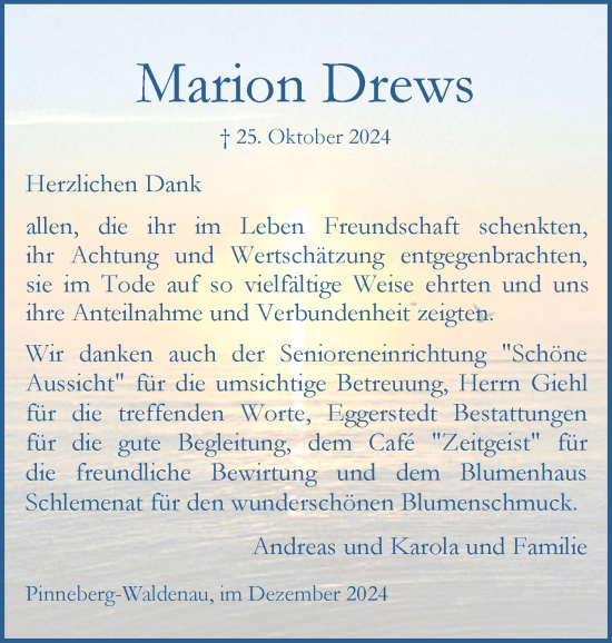 Traueranzeige von Marion Drews von Region Pinneberg und tip Pinneberg