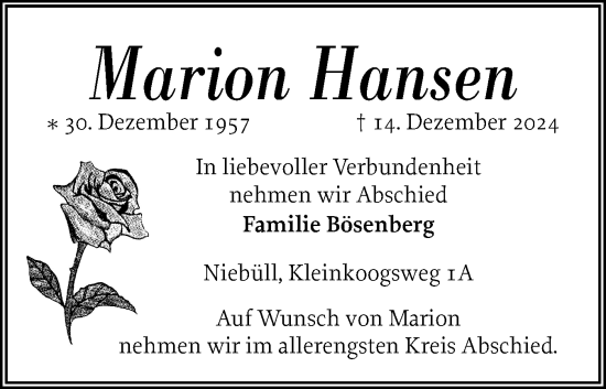 Traueranzeige von Marion Hansen von Husumer Nachrichten, Nordfriesland Tageblatt