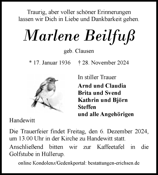 Traueranzeige von Marlene Beilfuß von Flensburger Tageblatt