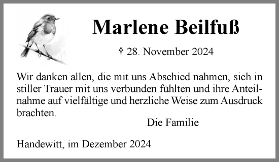 Traueranzeige von Marlene Beilfuß von Flensburger Tageblatt