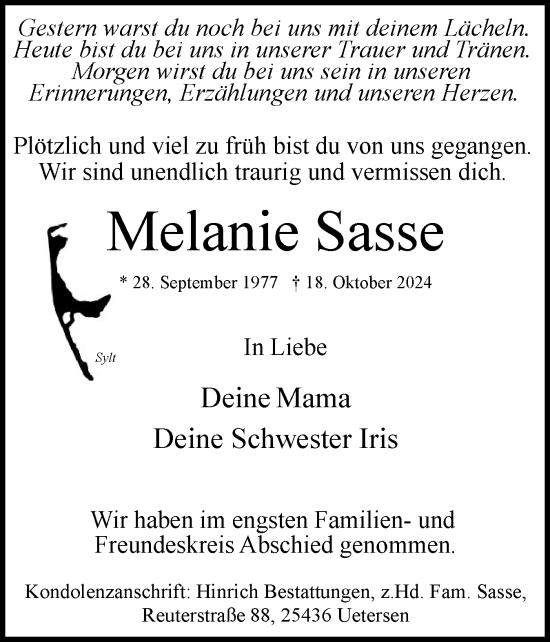 Traueranzeige von Melanie Sasse von Uetersener Nachrichten, Der tip am Wochenende