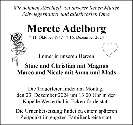 Traueranzeige von Merete Adelborg von Eckernförder Zeitung