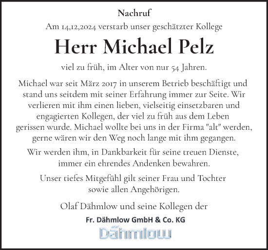 Traueranzeige von Michael Pelz von Holsteinischer Courier