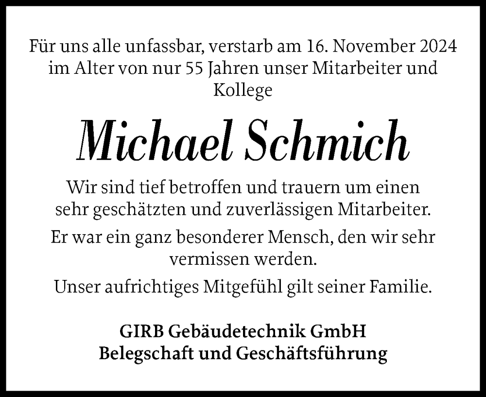  Traueranzeige für Michael Schmich vom 06.12.2024 aus Norddeutsche Rundschau, Wilstersche Zeitung, Glückstädter Fortuna