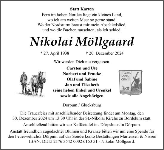 Traueranzeige von Nikolai Möllgaard von Husumer Nachrichten, Nordfriesland Tageblatt