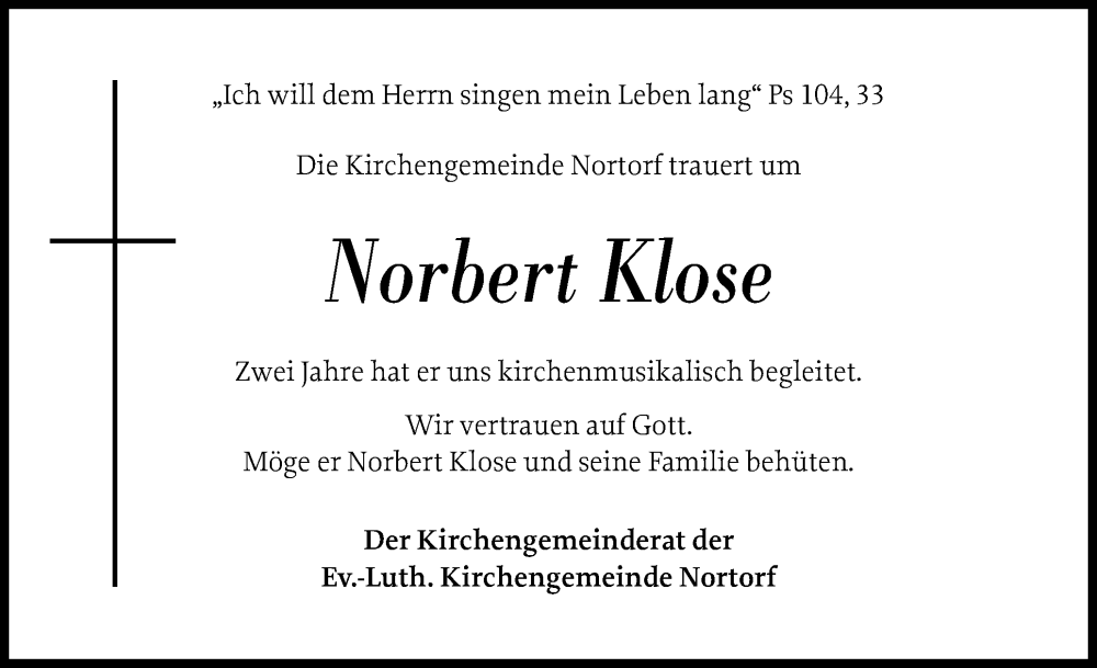  Traueranzeige für Norbert Klose vom 14.12.2024 aus Schleswig-Holsteinische Landeszeitung