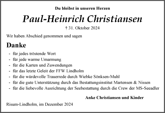 Traueranzeige von Paul-Heinrich Christiansen von Husumer Nachrichten, Nordfriesland Tageblatt