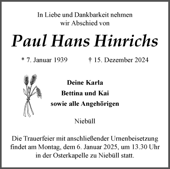 Traueranzeige von Paul Hans Hinrichs von Husumer Nachrichten, Nordfriesland Tageblatt