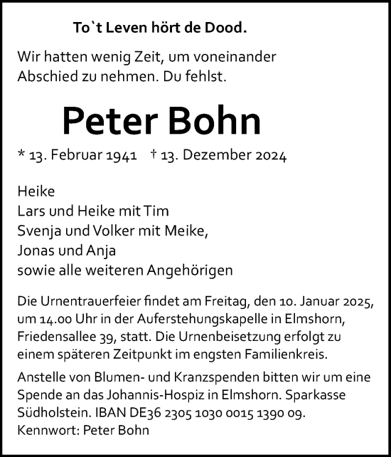 Traueranzeige von Peter Bohn von Elmshorner Nachrichten, Barmstedter Zeitung