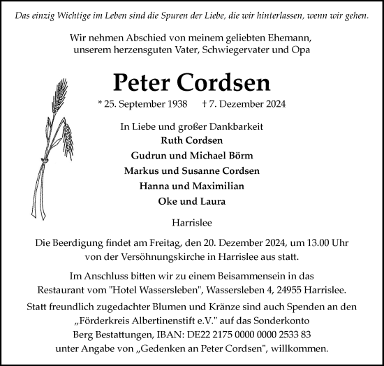 Traueranzeige von Peter Cordsen von Flensburger Tageblatt