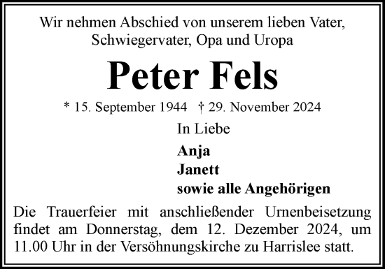 Traueranzeige von Peter Fels von Flensburger Tageblatt