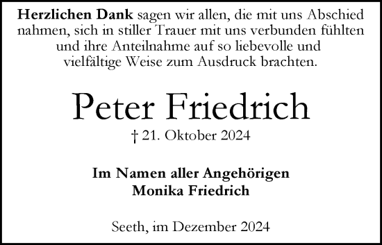 Traueranzeige von Peter Friedrich von Husumer Nachrichten, Nordfriesland Tageblatt