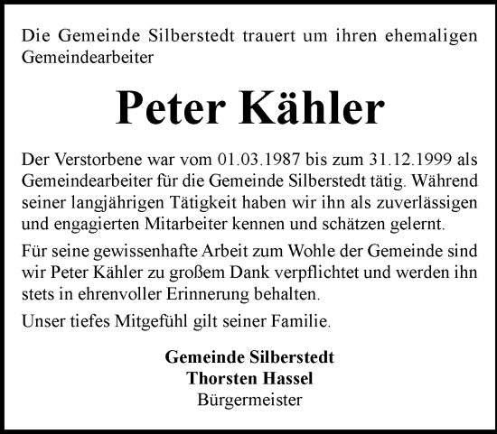 Traueranzeige von Peter Kähler von Schleswiger Nachrichten, Schlei-Bote