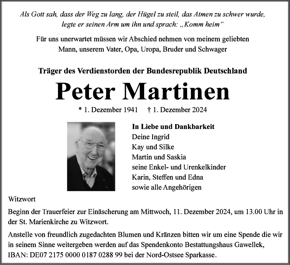  Traueranzeige für Peter Martinen vom 07.12.2024 aus Husumer Nachrichten, Nordfriesland Tageblatt