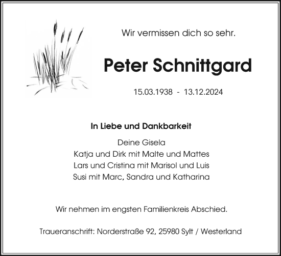 Traueranzeige von Peter Schnittgard von Sylter Rundschau