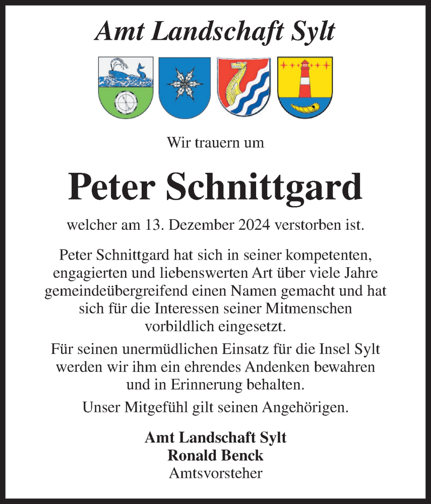  Traueranzeige für Peter Schnittgard vom 19.12.2024 aus Sylter Rundschau