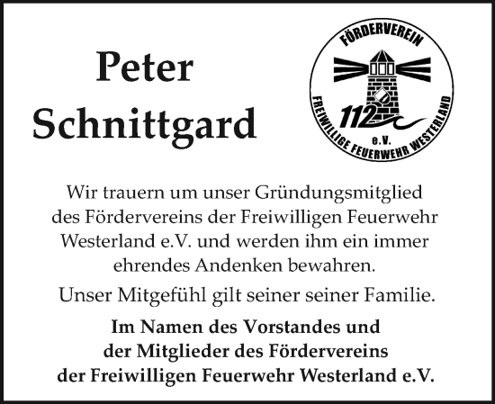 Traueranzeige von Peter Schnittgard von Sylter Rundschau