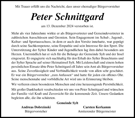 Traueranzeige von Peter Schnittgard von Sylter Rundschau