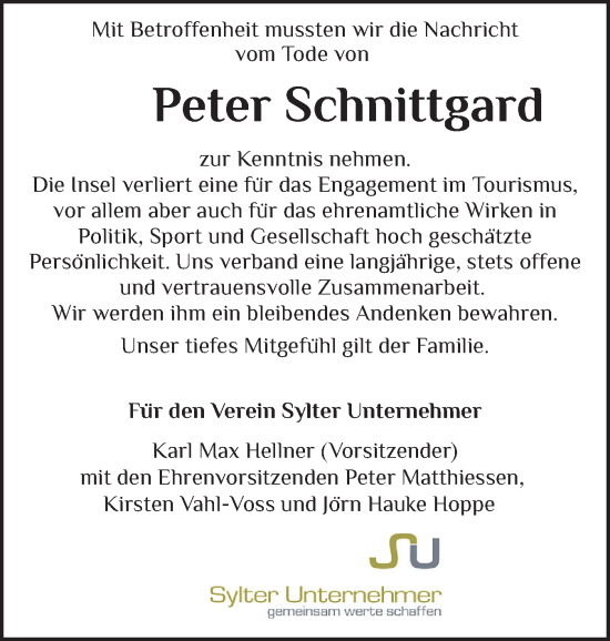 Traueranzeige von Peter Schnittgard von Sylter Rundschau