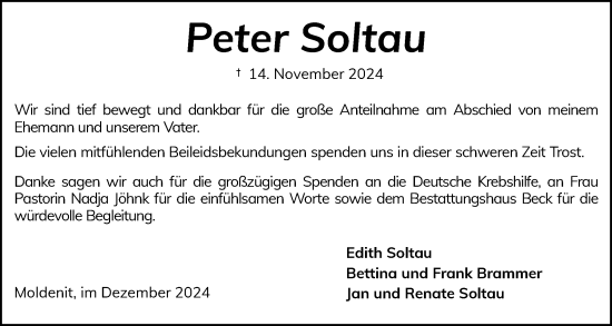 Traueranzeige von Peter Soltau von Schleswiger Nachrichten, Schlei-Bote