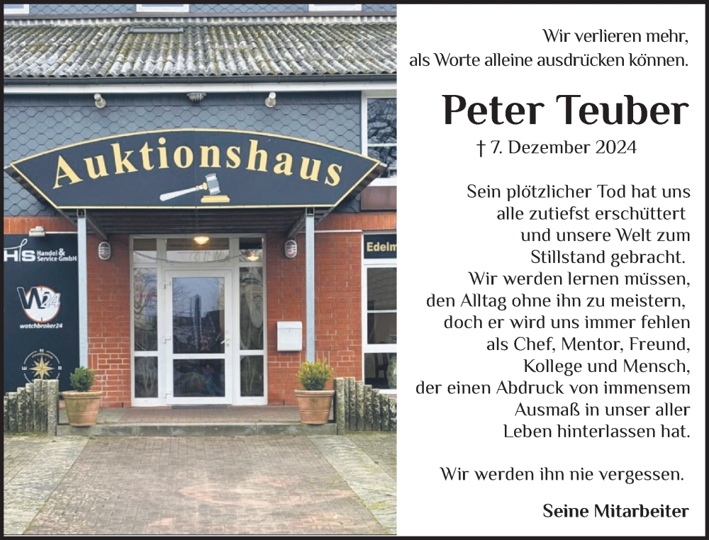  Traueranzeige für Peter Teuber vom 14.12.2024 aus Schleswig-Holsteinische Landeszeitung