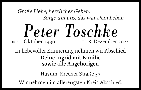 Traueranzeige von Peter Toschke von Husumer Nachrichten, Nordfriesland Tageblatt