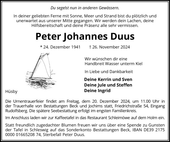 Traueranzeige von Peter Johannes Duus von Schleswiger Nachrichten, Schlei-Bote