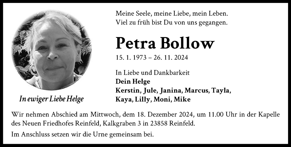  Traueranzeige für Petra Bollow vom 14.12.2024 aus Stormaner Tageblatt