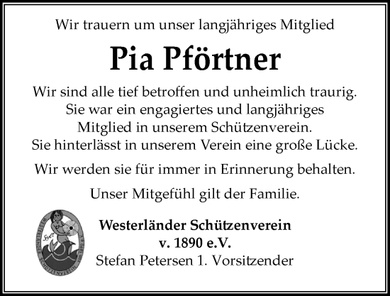 Traueranzeige von Pia Pförtner von Sylter Rundschau