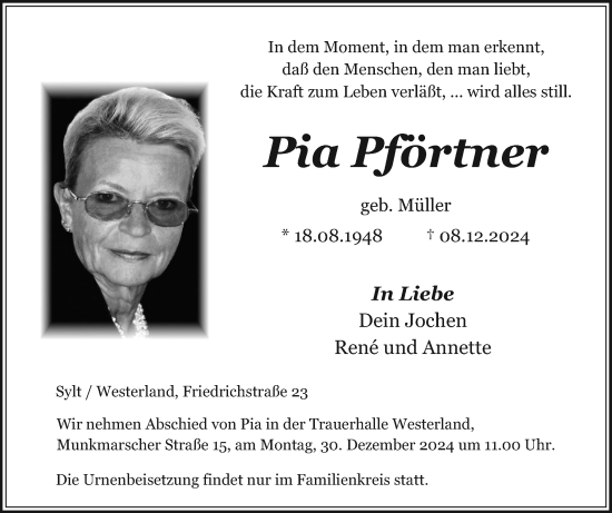 Traueranzeige von Pia Pförtner von Sylter Rundschau