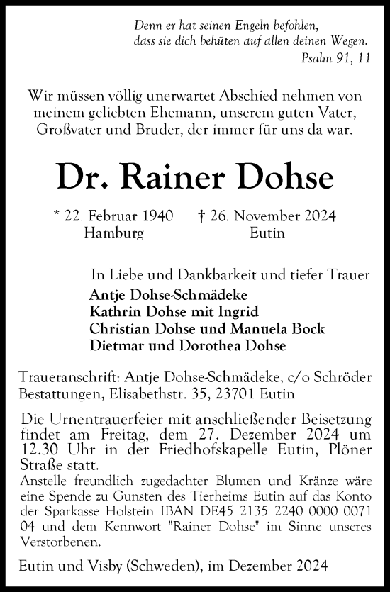 Traueranzeige von Rainer Dohse von Ostholsteiner Anzeiger