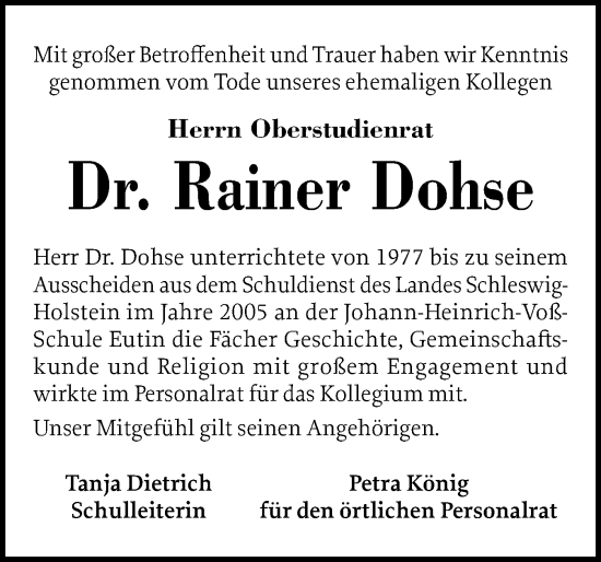 Traueranzeige von Rainer Dohse von Ostholsteiner Anzeiger