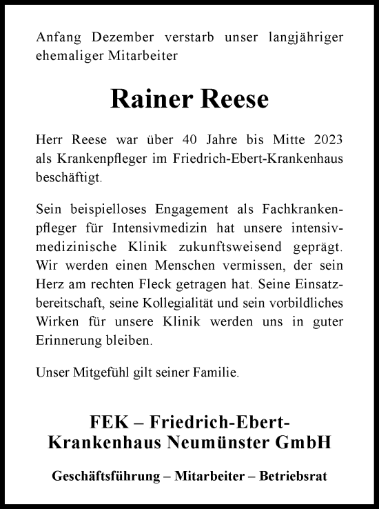 Traueranzeige von Rainer Reese von Holsteinischer Courier