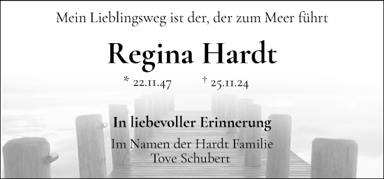 Traueranzeige von Regina Hardt von Husumer Nachrichten, Nordfriesland Tageblatt