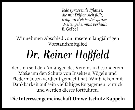 Traueranzeige von Reiner Hoßfeld von Schleswiger Nachrichten, Schlei-Bote