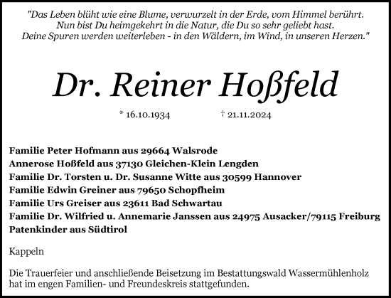 Traueranzeige von Reiner Hoßfeld von Schleswiger Nachrichten, Schlei-Bote